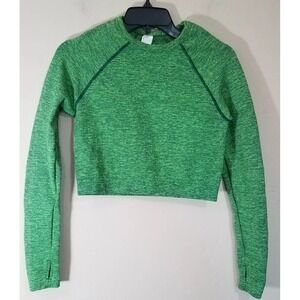 Fabletics Seamless Crop Top Women size M Long-Sleeve Bri-Ribbed‎ Thumbhole Green
